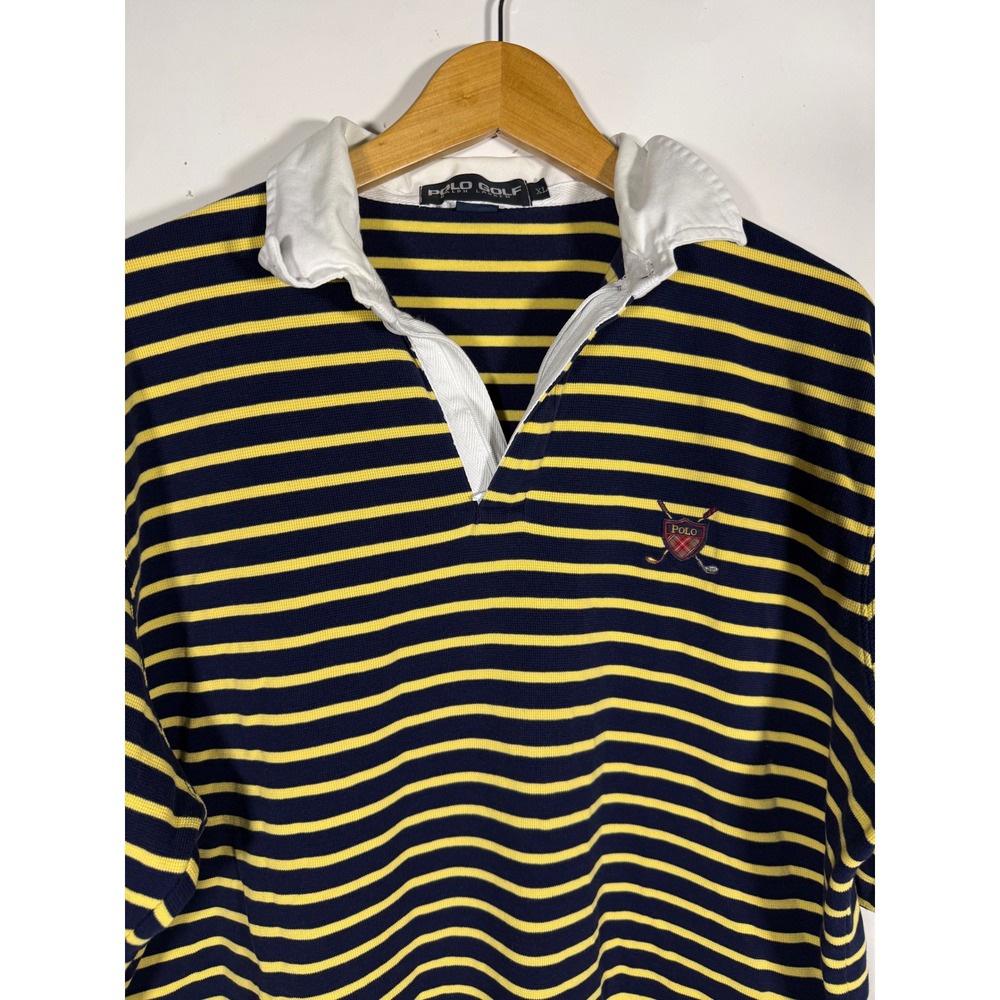Polo Golf Ralph Lauren Mens XL Rugby Shirt Navy Yellow Striped Crest V-Neck